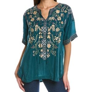 Johnny Was Teal and Cream Embroidered Blouse